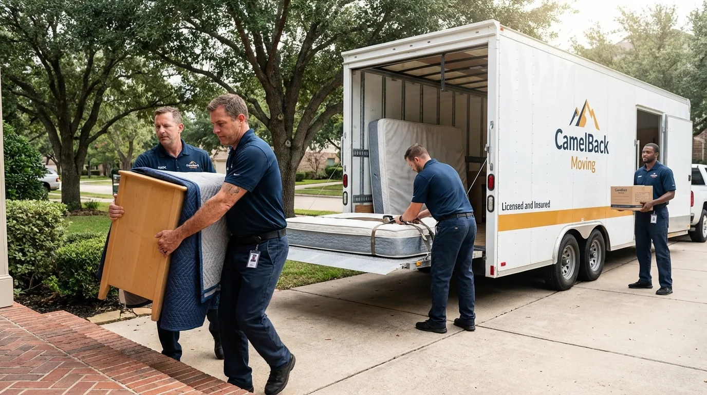 Crew loading residential truck for cross-state move from Denmark, ME