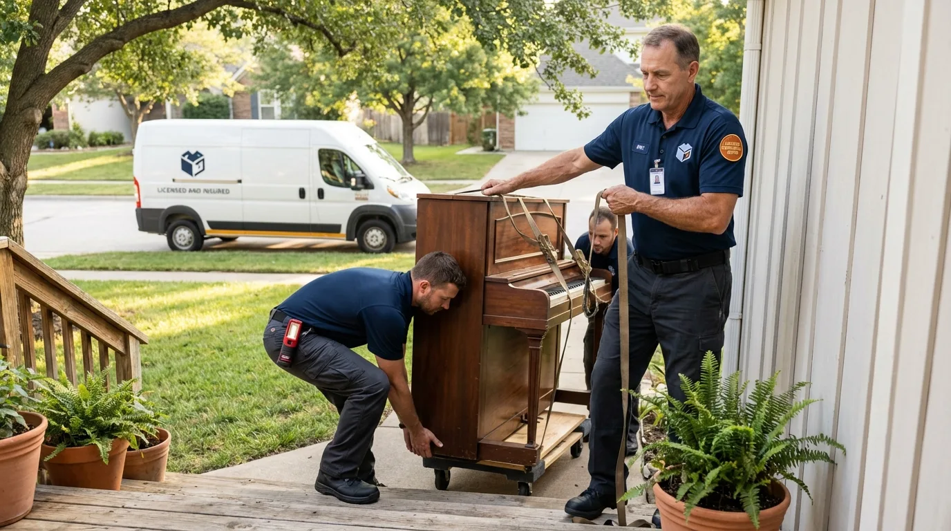 Licensed piano movers securing grand piano in Denmark, ME