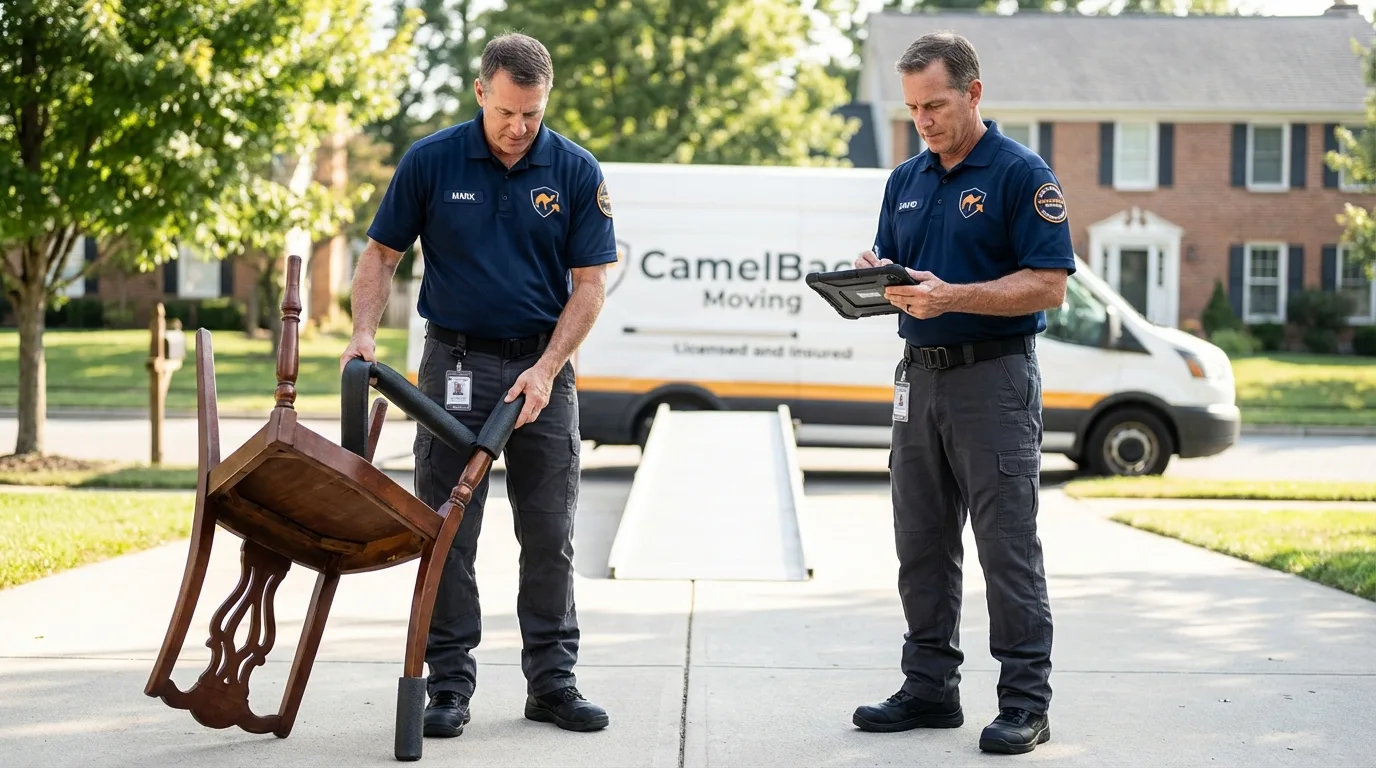Movers inspecting furniture for damage prevention before loading in Denmark, ME