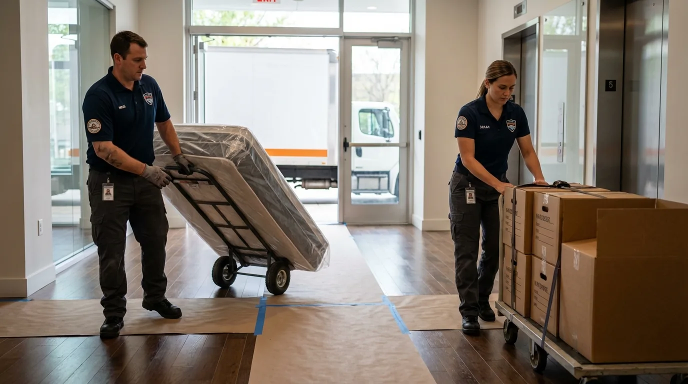 Professional apartment movers loading elevator in Denmark, ME
